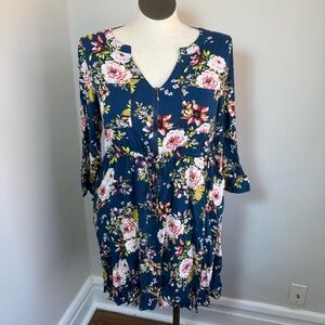 EUC Torrid 0X Mini Challis Zip-Front Shirt Dress Floral Blue Plus Size